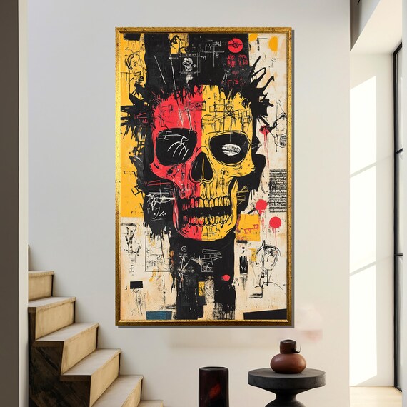 Basquiat-Inspired Red Yellow Split Skull Graffiti Art Poster
