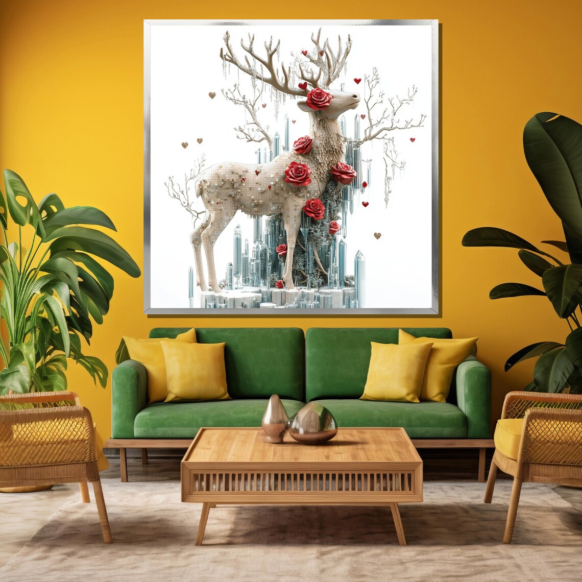 White Crystal Deer Adorned with Red Roses Ice Sculpture Art Poster - Image 3