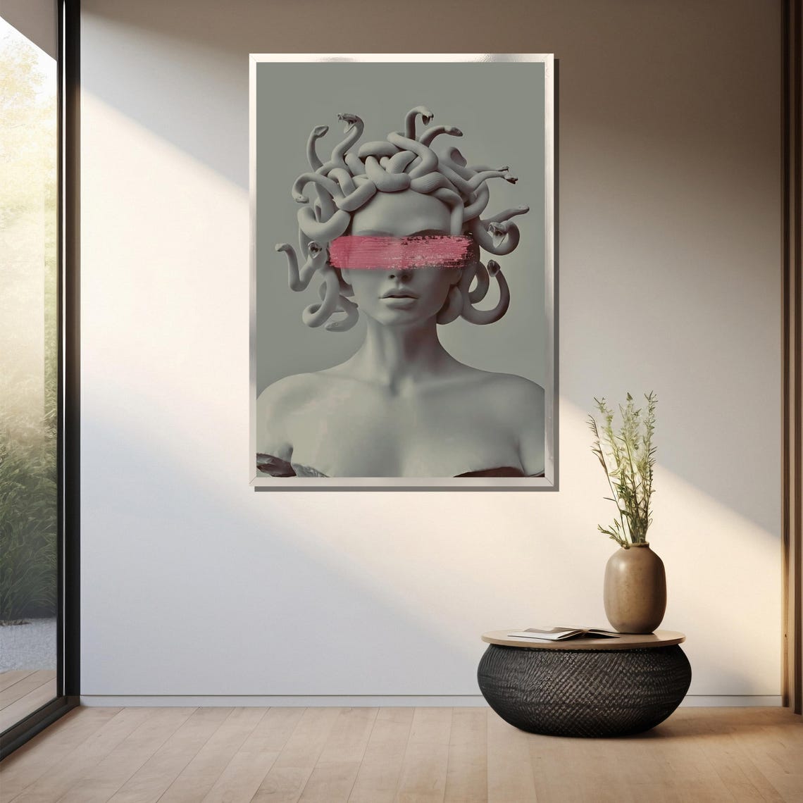 Grey Medusa Bust With Pink Brushstroke Across Closed Eyes Poster - Image 3