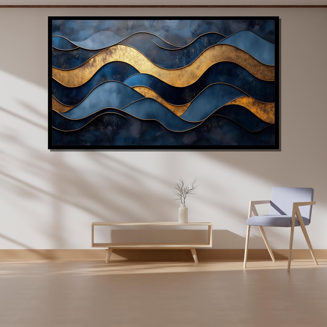 Luxury Blue And Gold Abstract Wave Sophisticated Wall Art For Modern And Elegant Interiors - Image 4