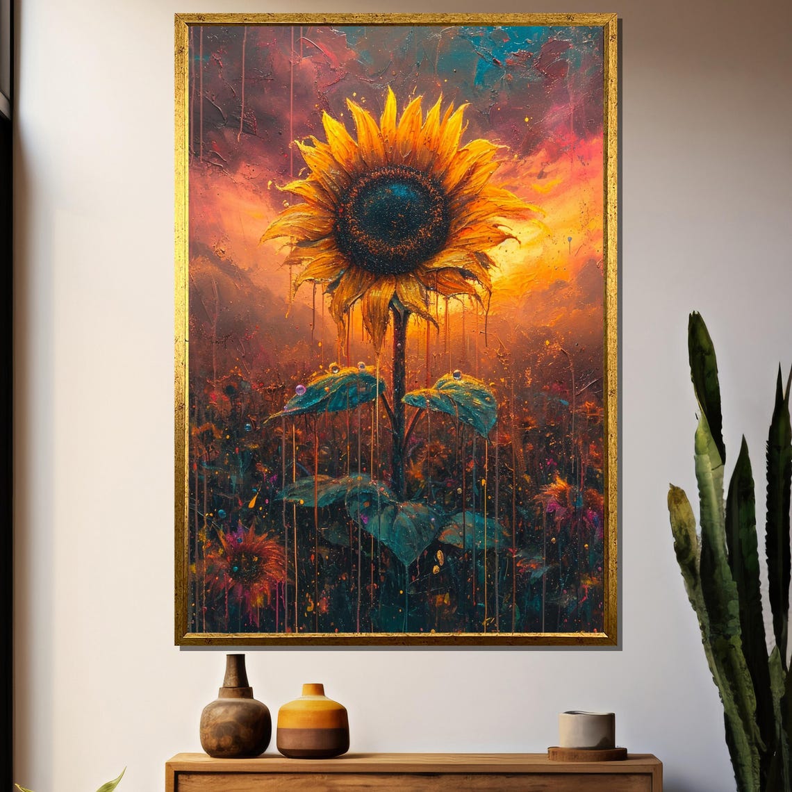 Tall Sunflower In Psychedelic Sunset Field Surreal Floral Wall Art