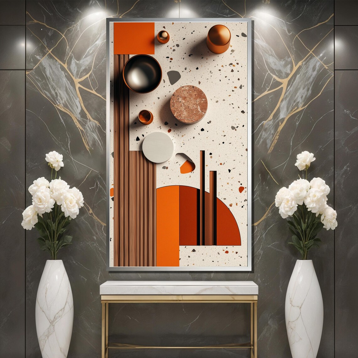 Modern Terrazzo Abstract with Copper Spheres and Wood Slats Poster - Image 3