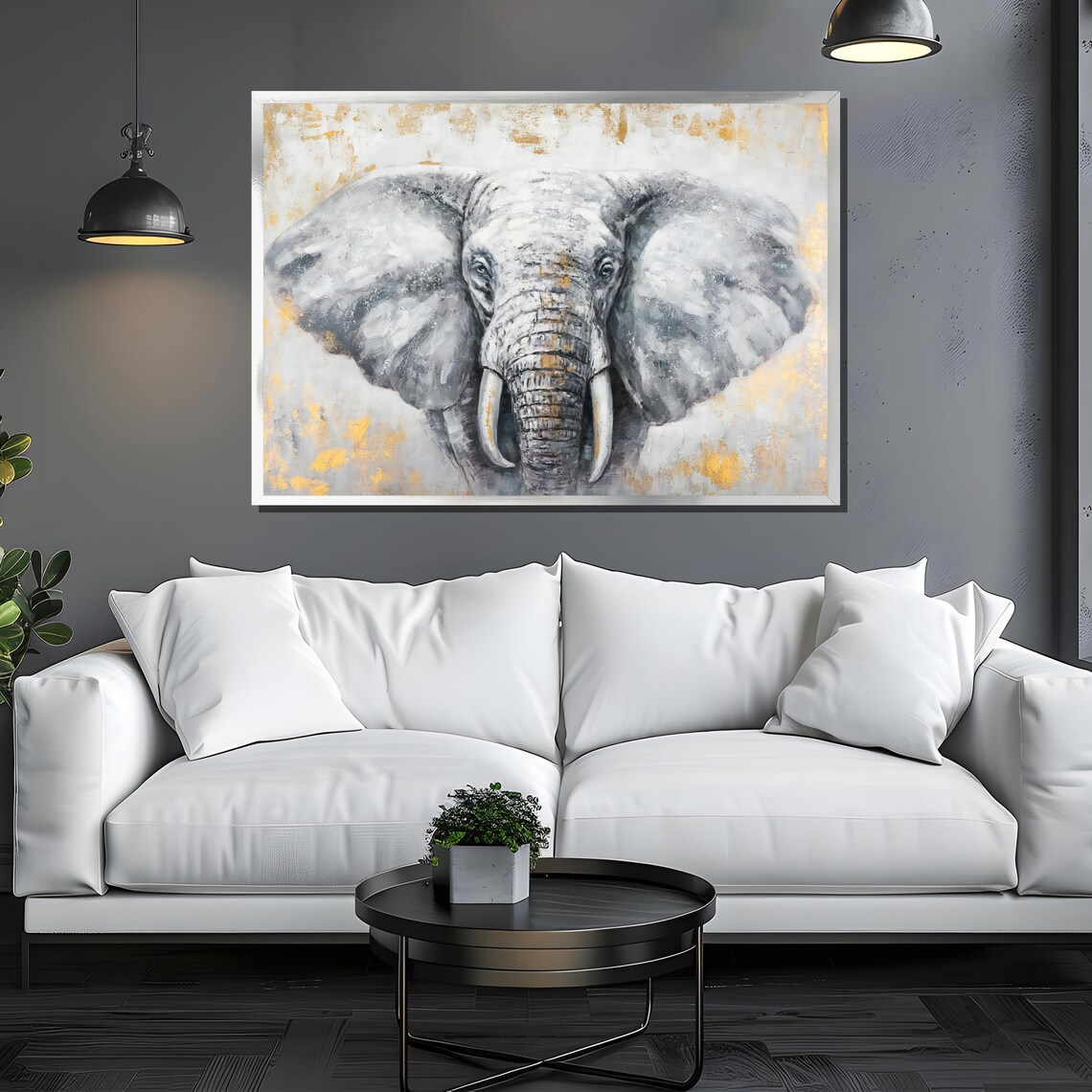 Gray Elephant Face With Gold Leaf Accents Elegant Wildlife Art Poster - Image 3