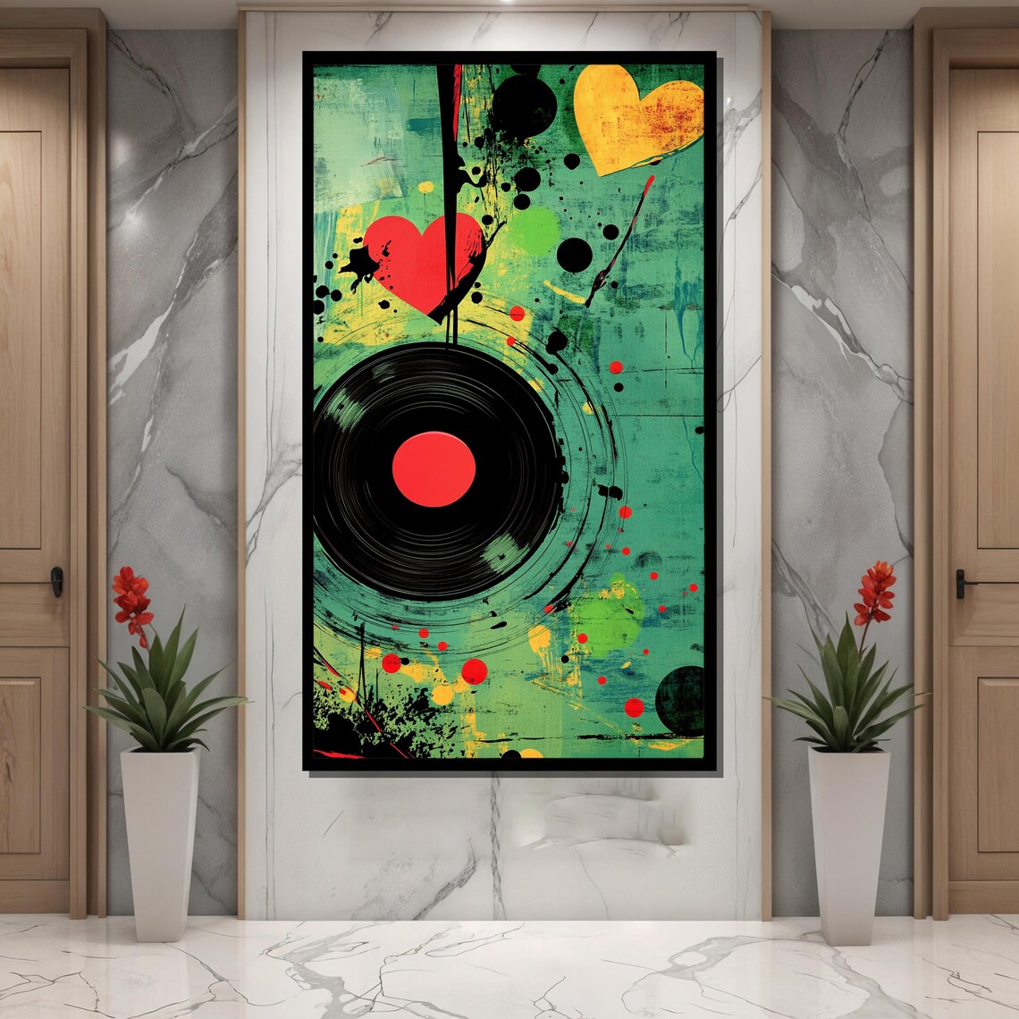 Vinyl Record with Hearts in Teal Street Art for Music Lovers Poster - Image 4