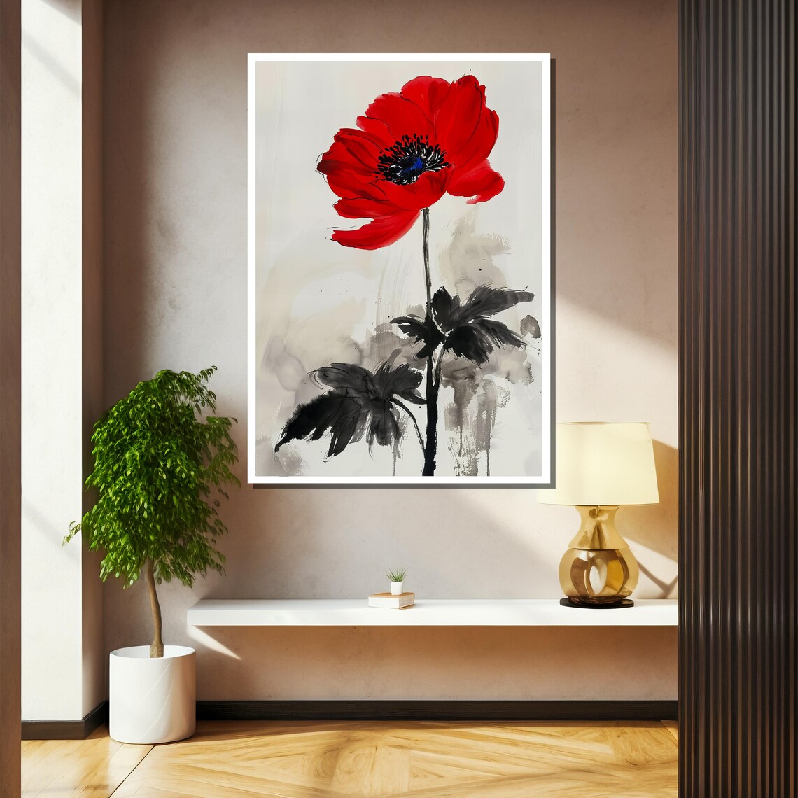 Single Red Poppy Flower In Ink Wash Minimalist Floral Poster - Image 2