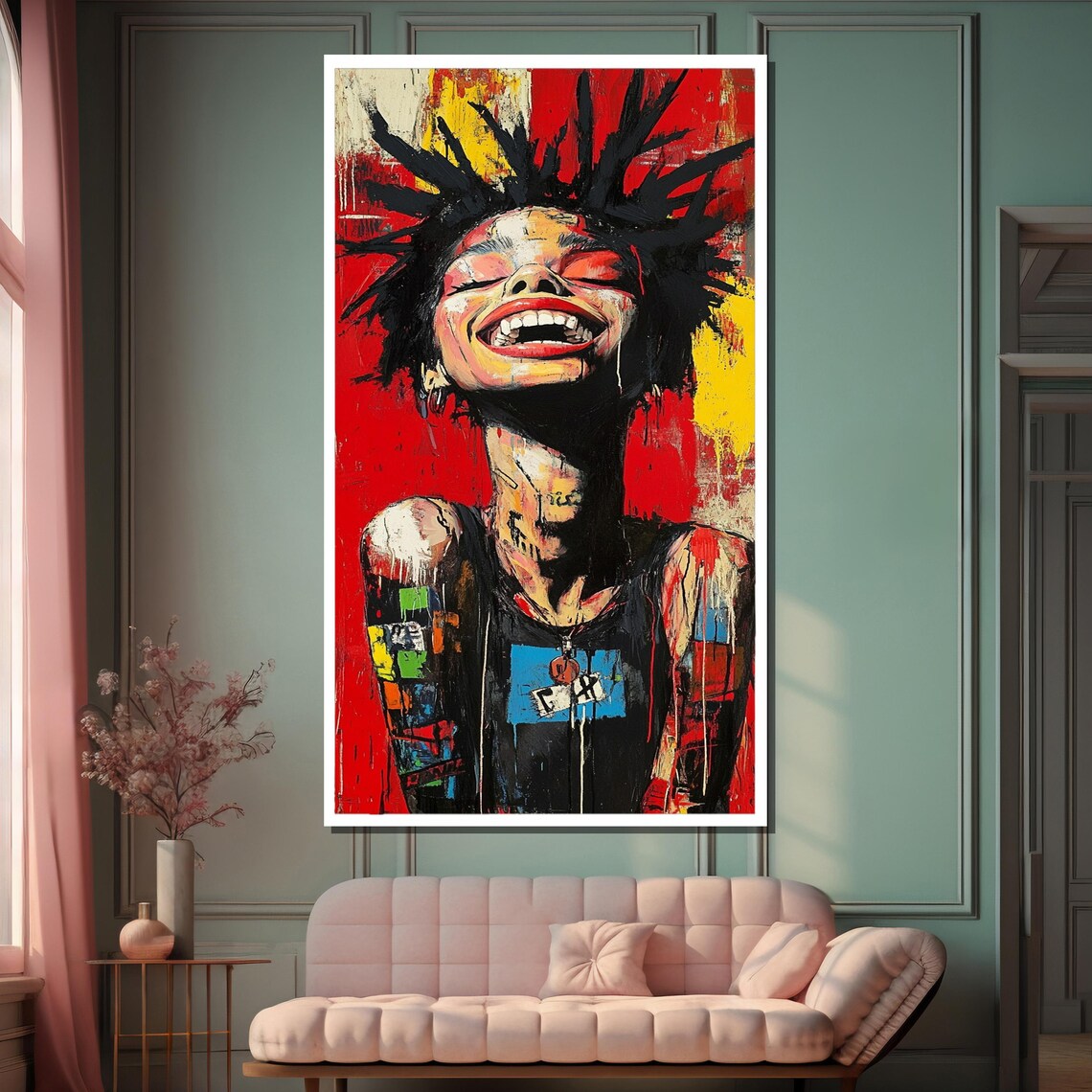 Laughing Punk Girl with Spiky Hair in Red and Yellow Street Art Poster - Image 2