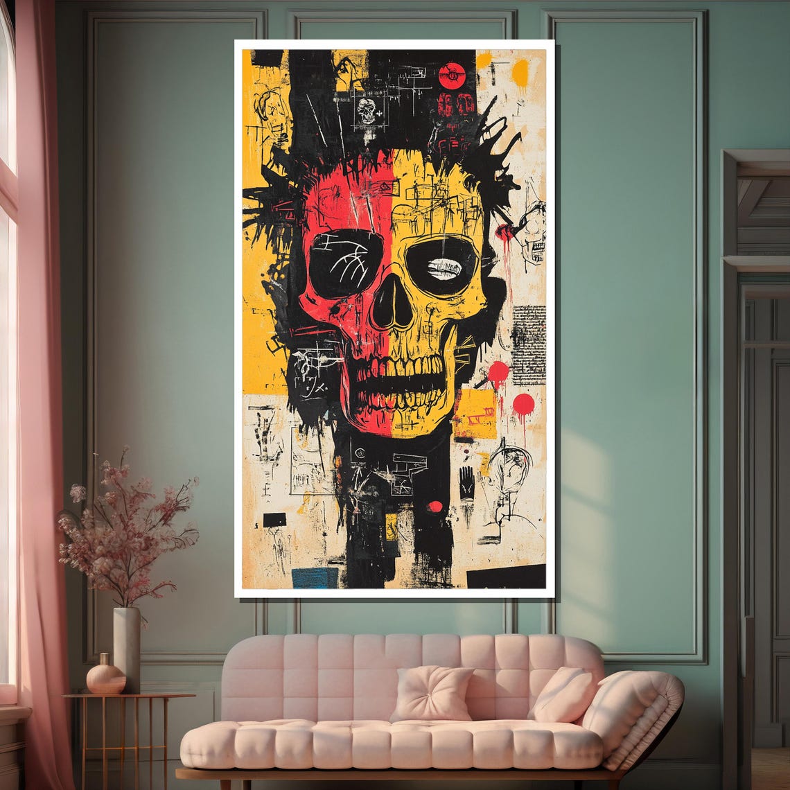 Basquiat-Inspired Red Yellow Split Skull Graffiti Art Poster - Image 2