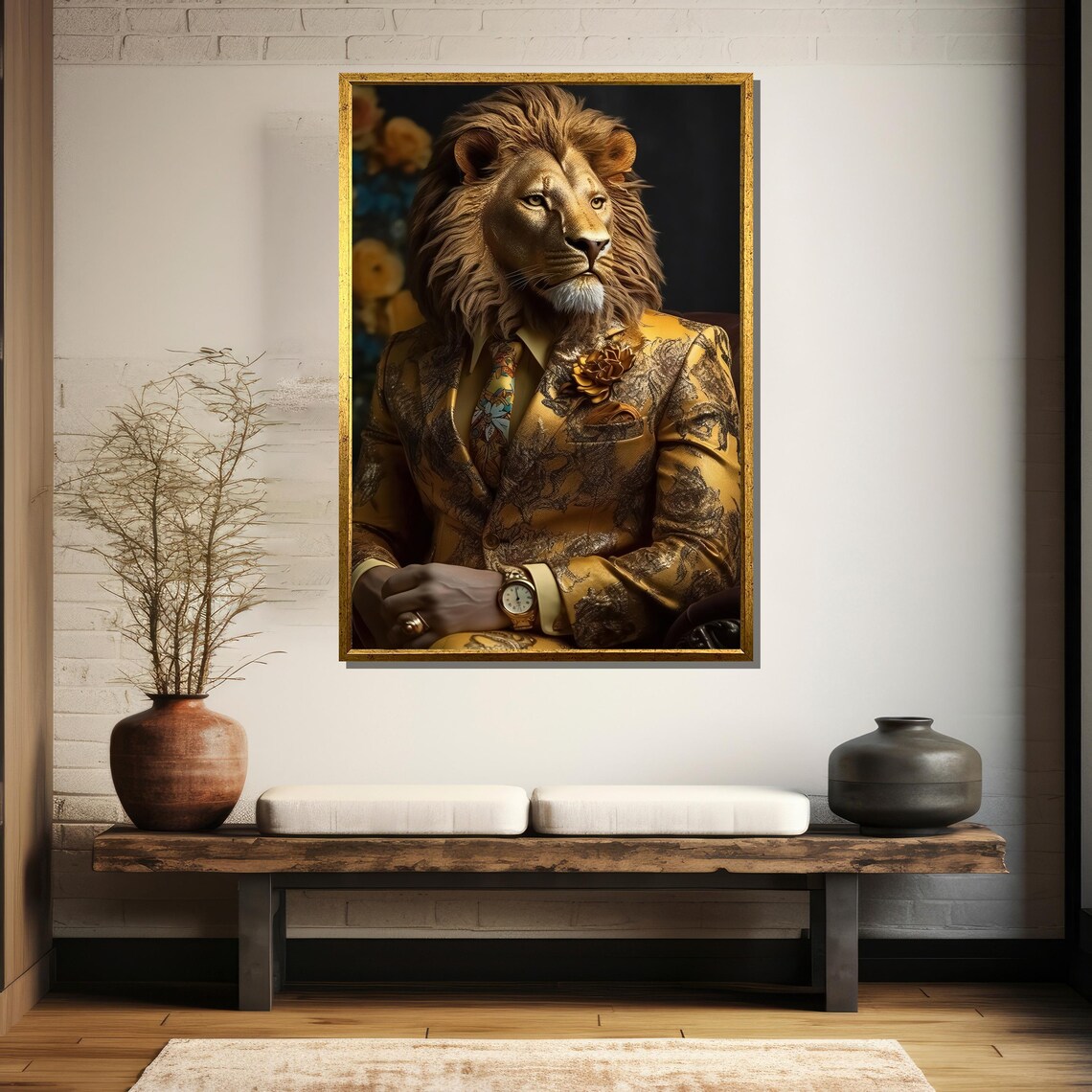 Dapper Lion In Ornate Gold Suit With Tie Regal Portrait Art Poster - Image 5