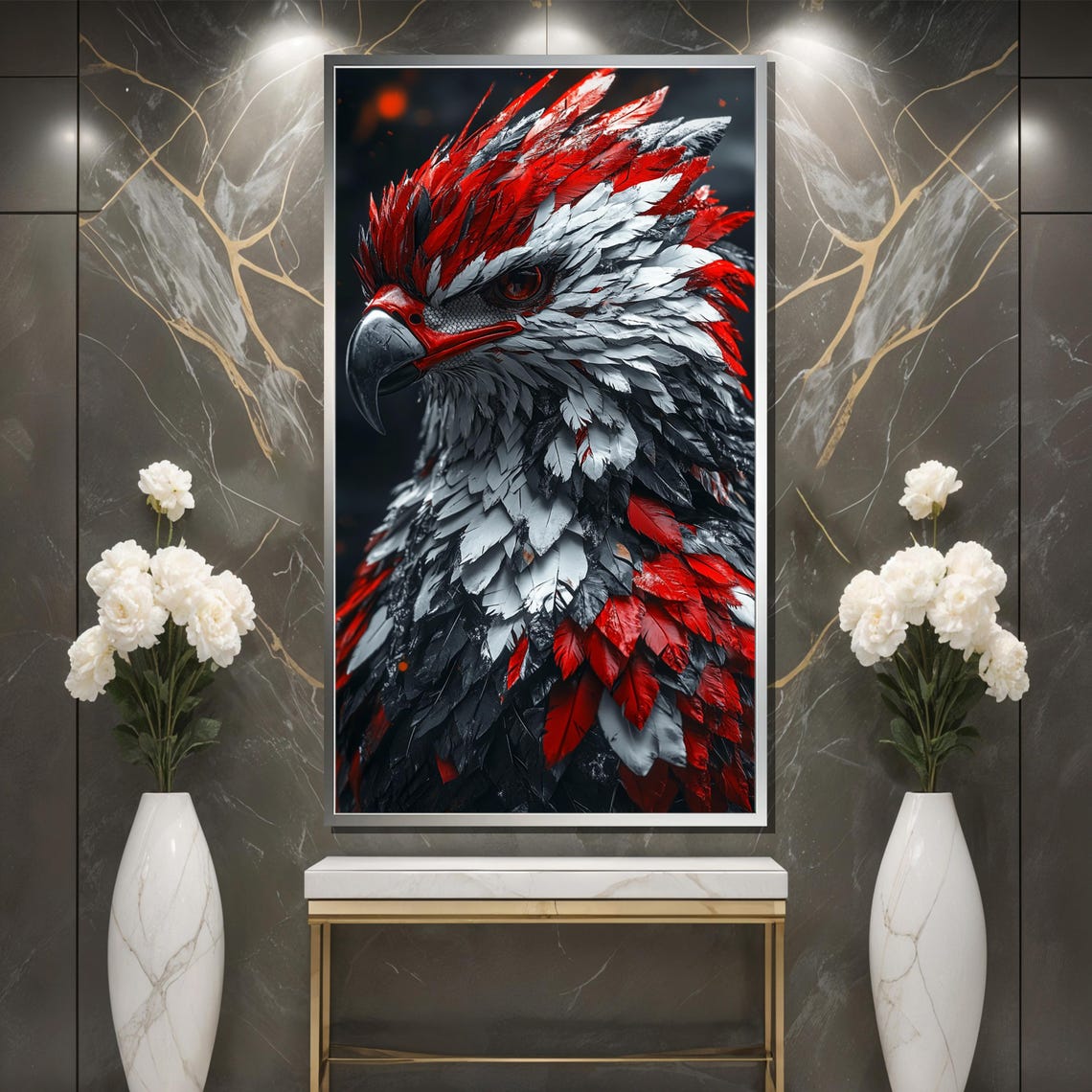 Fierce Eagle Head with Layered Red and White Feathers Portrait Poster - Image 3