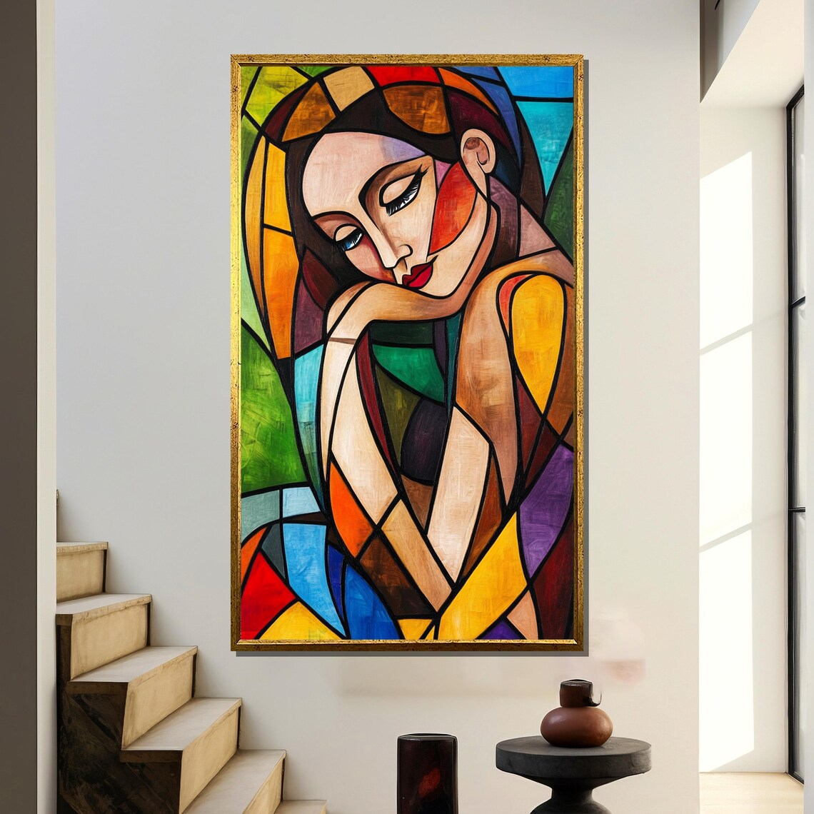 Colorful Cubist Woman Portrait in Faceted Stained Glass Style Poster