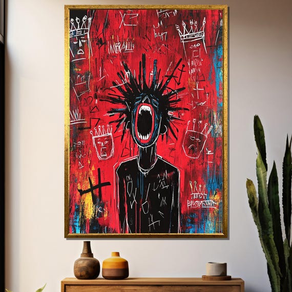 Jean Michel Basquiat Style Painting Neo Expressionist Graffiti Art Abstract Urban Street Wall Art Bold Red Expressionism Poster