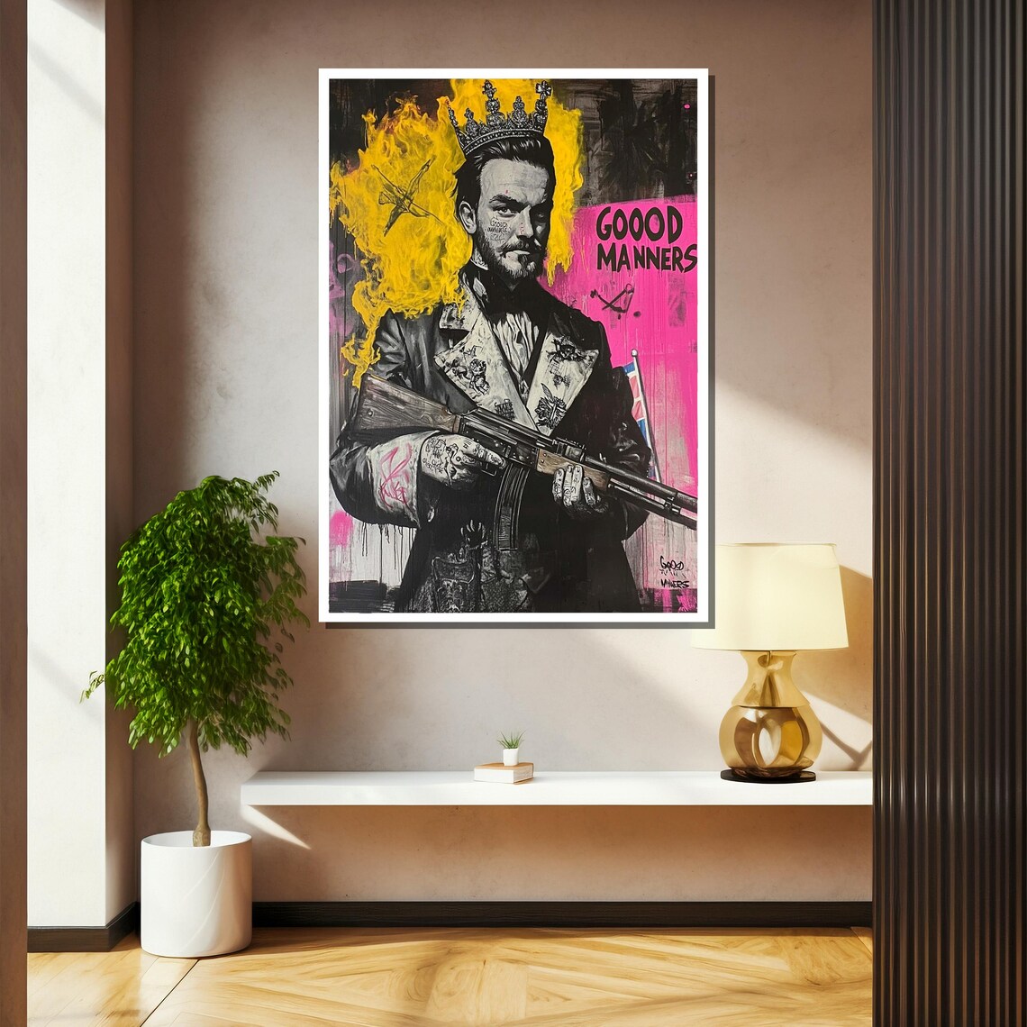 Crowned King Holding Rifle Goood Manners Pop Street Art Poster - Image 2