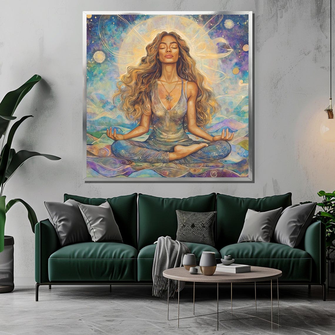 Serene Long Haired Goddess Meditating Under Celestial Halo Poster - Image 3