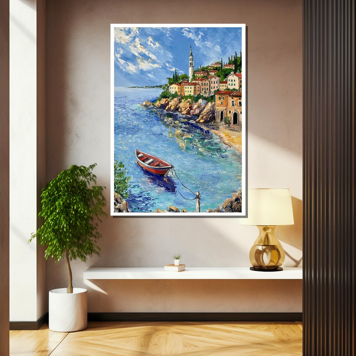 Mediterranean Cliffside Village Harbor Scene Painting Poster - Image 2