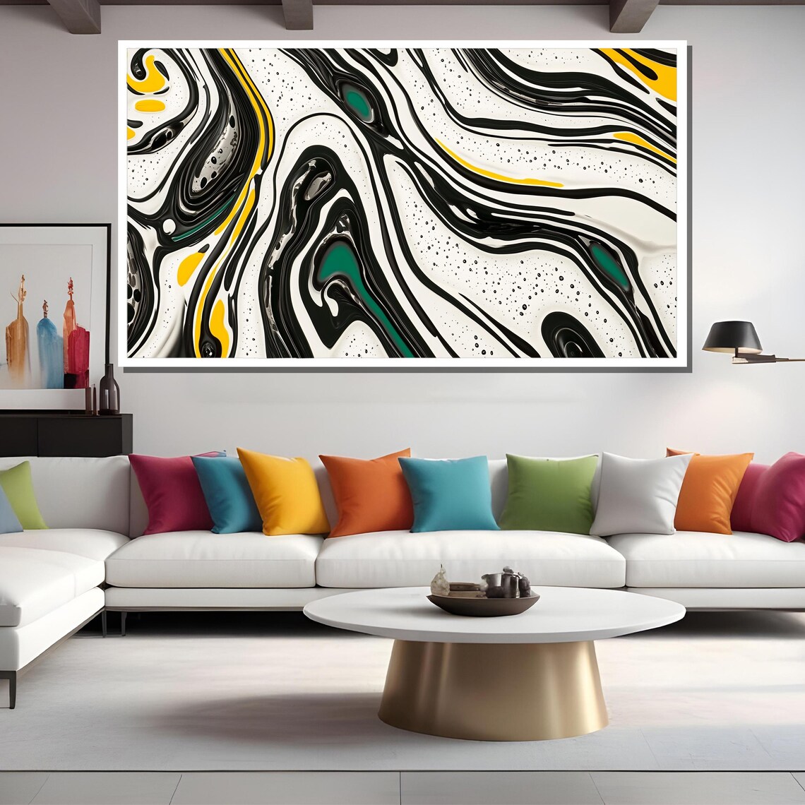 Black White Yellow Green Fluid Swirl Modern Abstract Decor Poster - Image 2