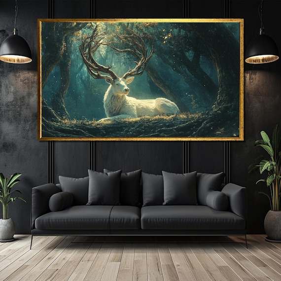 Majestic White Stag Resting In Enchanted Forest Grove Art Poster