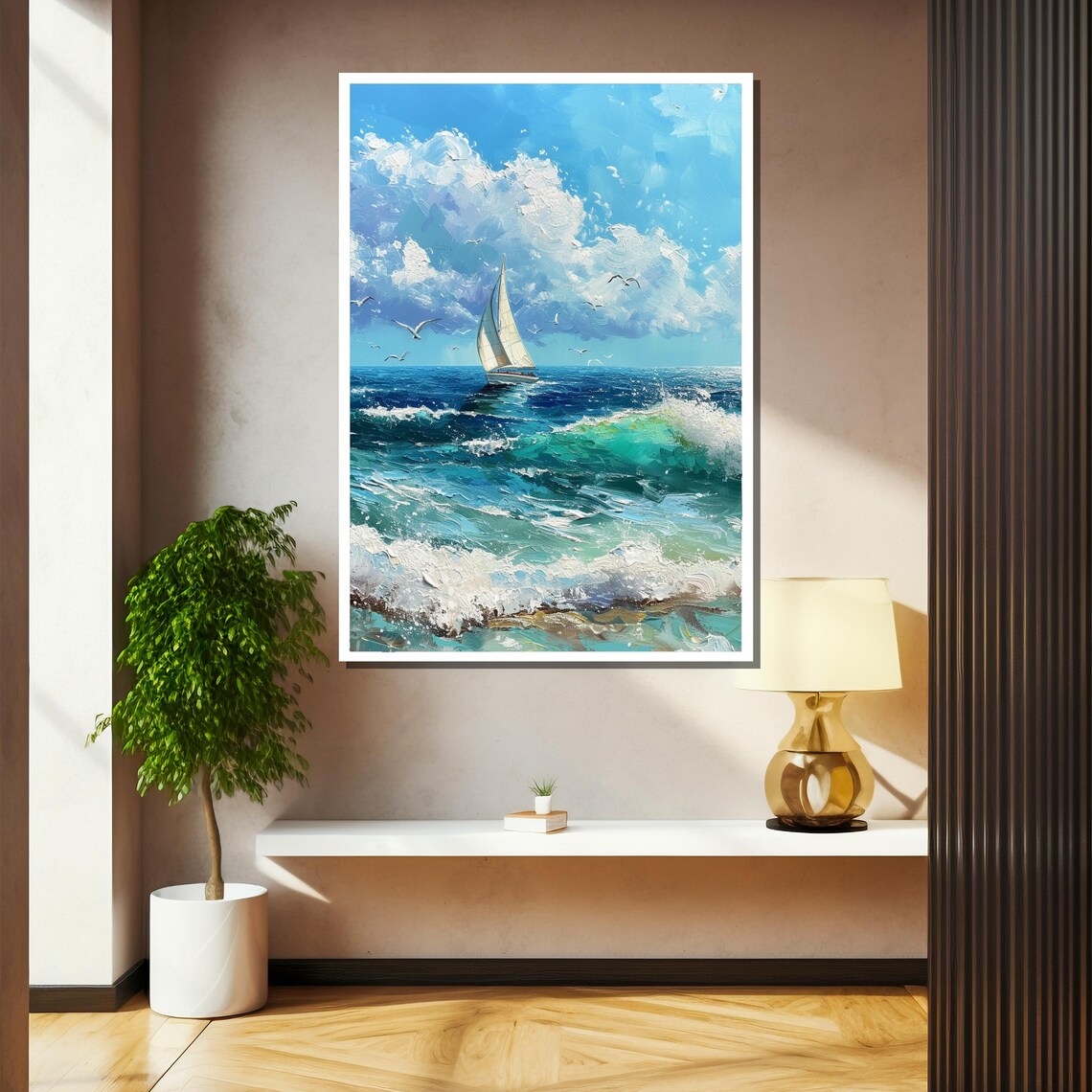 Sailboat Gliding Over Turquoise Ocean Waves Seascape Art Poster - Image 2