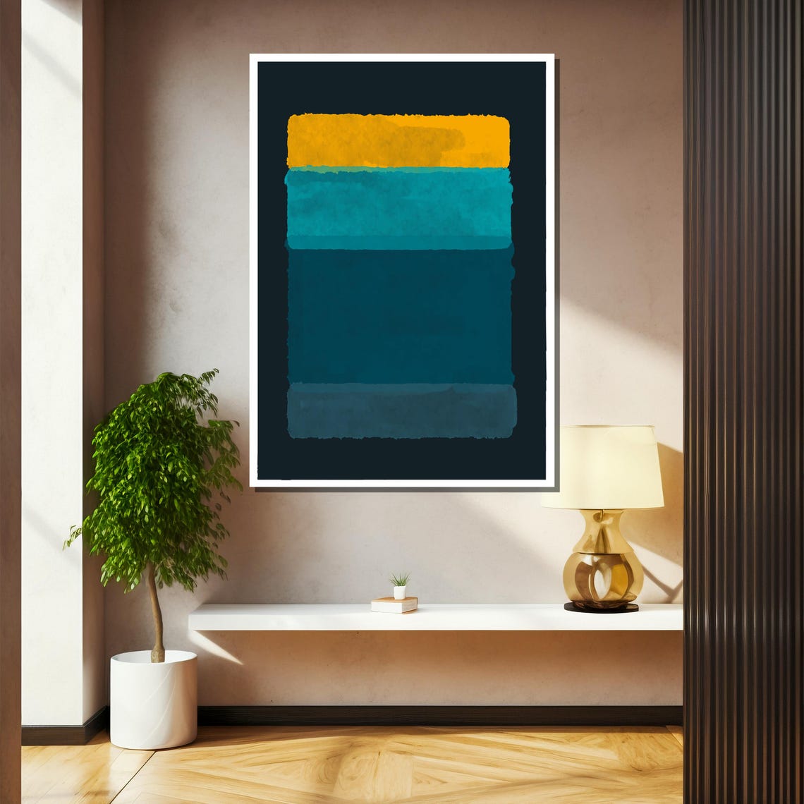 Bold Gold Teal Navy Stripes On Black Modern Abstract Art Poster - Image 2