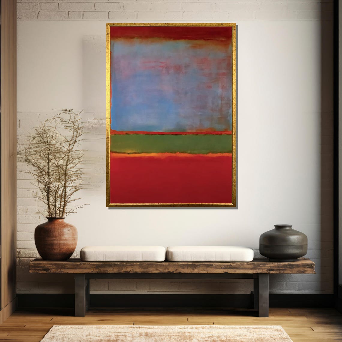 Misty Blue Gray Red And Green Horizon Bands Abstract Art Poster - Image 5