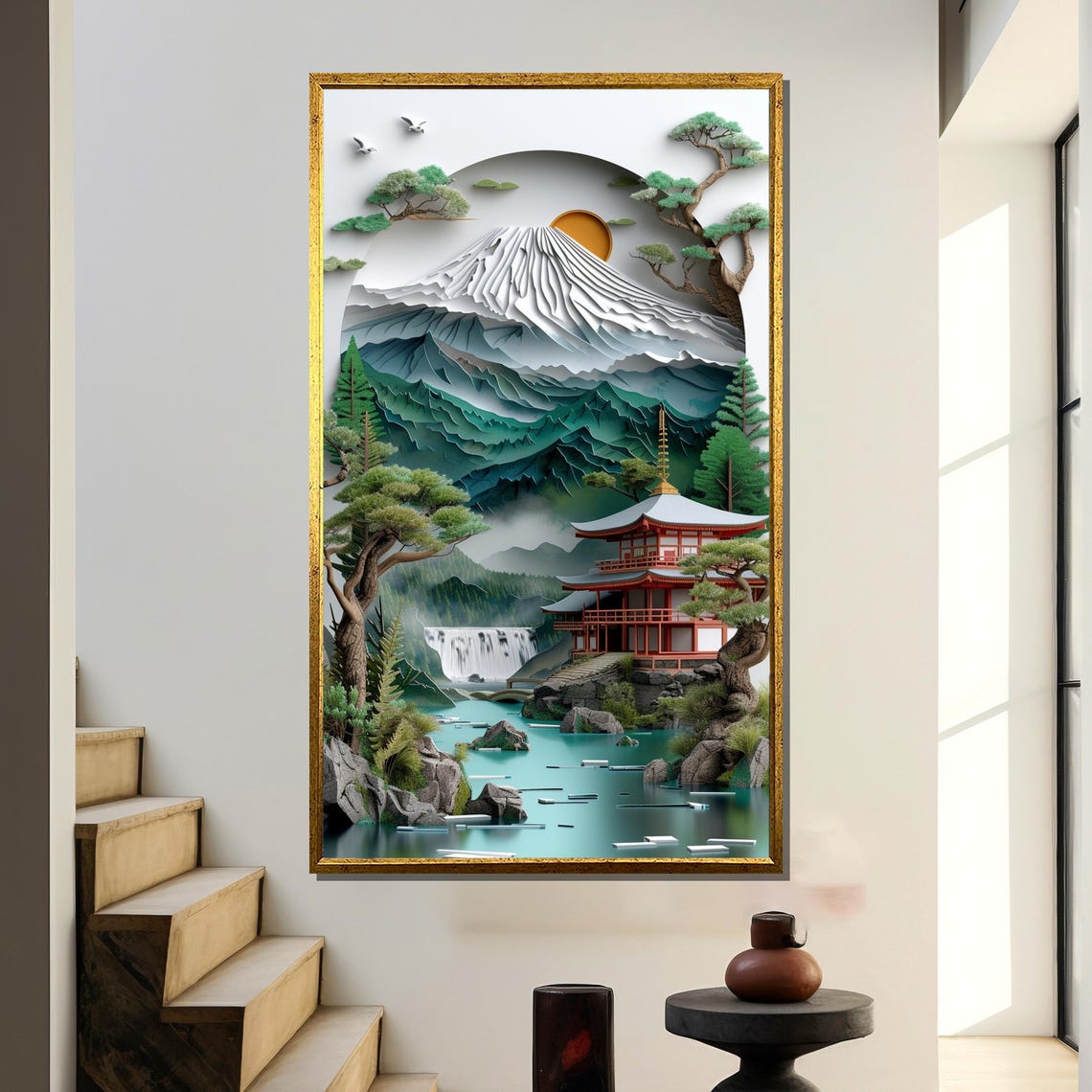 Elegant Japanese Paper Landscape Art Mountain Temple Scene With Waterfall And Trees Traditional Style Painting Gift