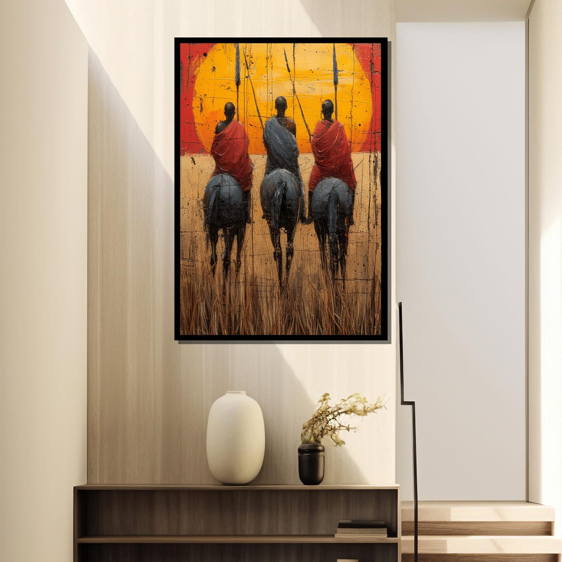 Three African Horsemen Riding Toward A Fiery Sunset Sky Poster - Image 4