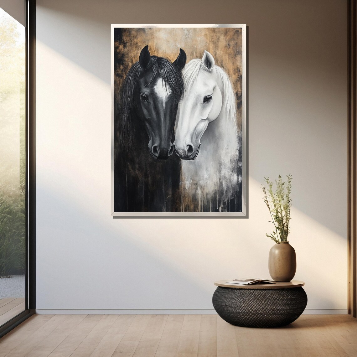Black And White Horses Nuzzling Tender Dual Horse Portrait Art Poster - Image 3
