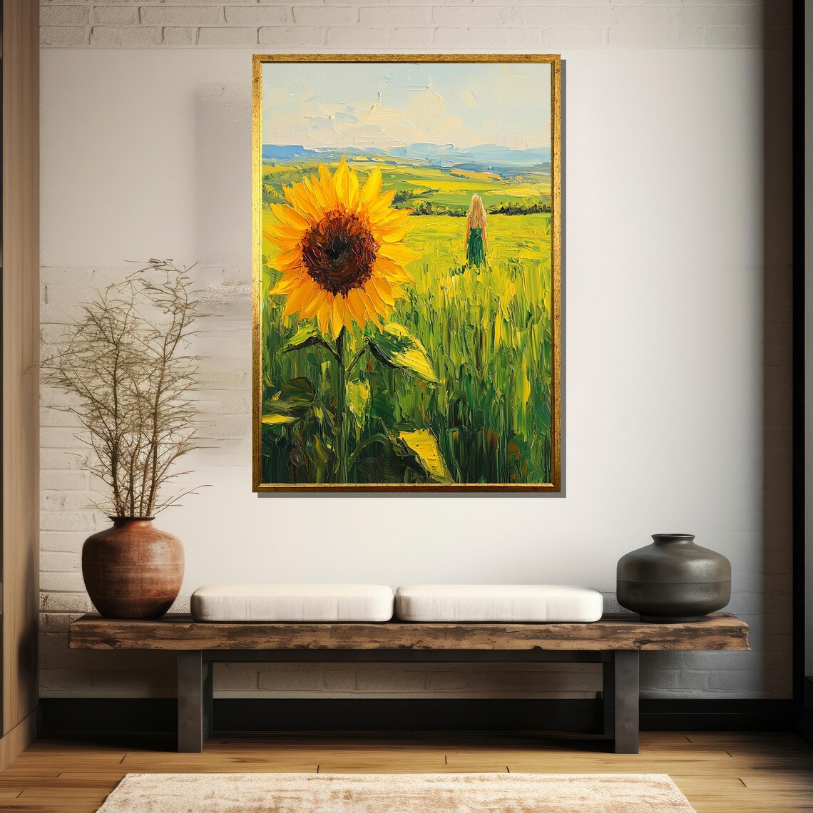 Blonde Woman Walking Alone Through A Sunny Sunflower Field Poster - Image 5
