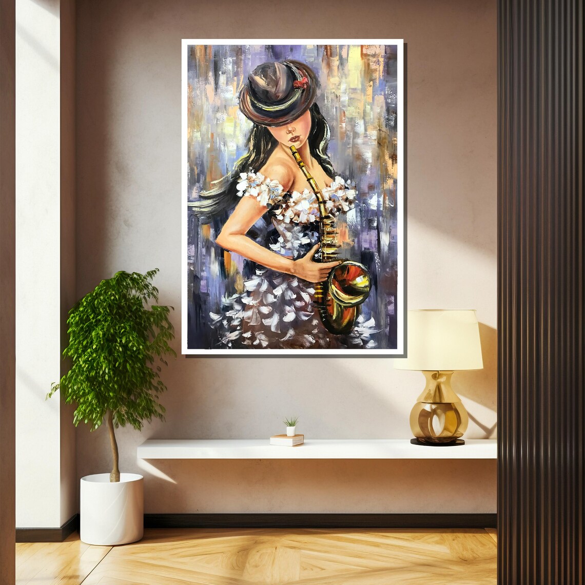 Elegant Woman Playing Saxophone Jazz Club Music Painting Poster - Image 2