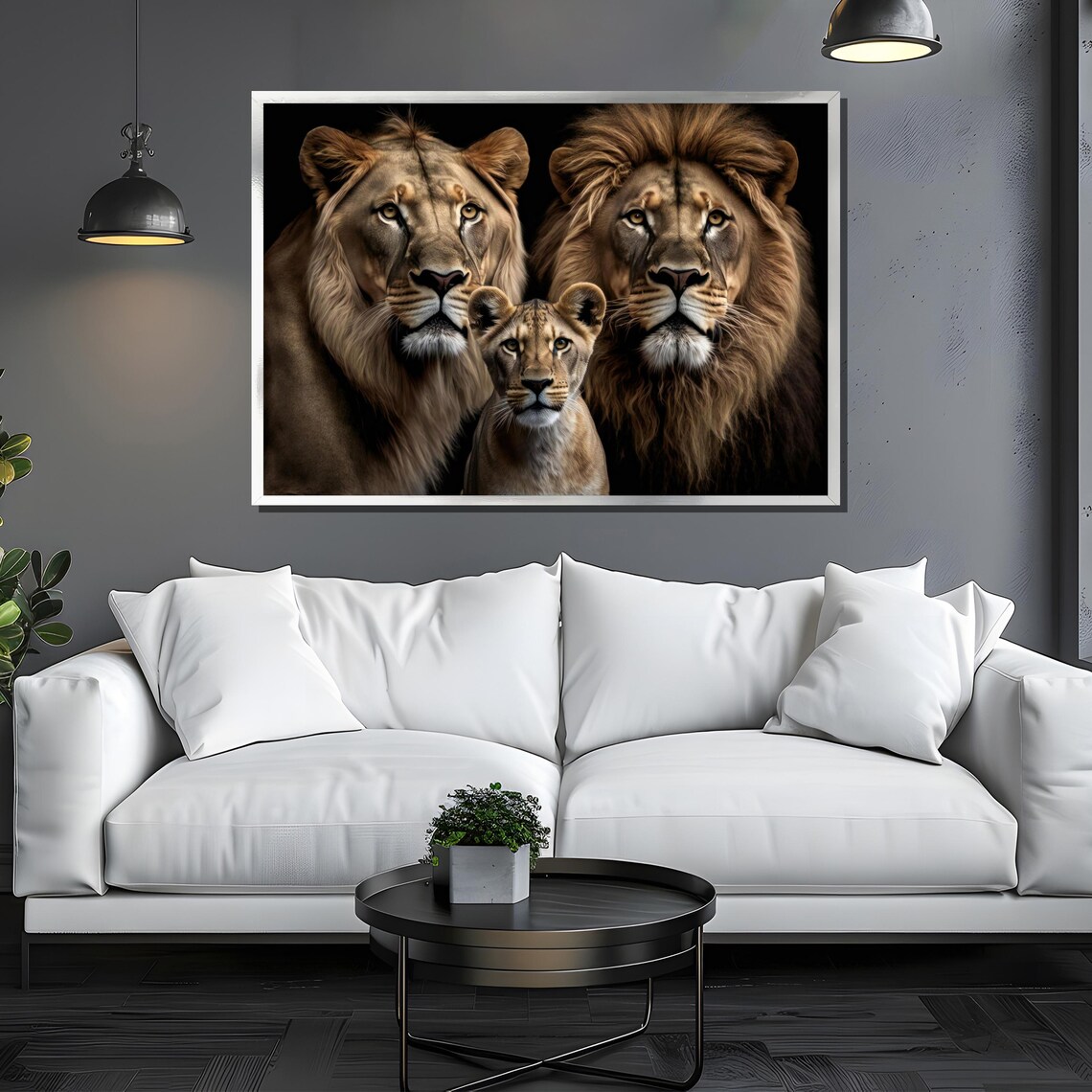 Lion Family With Cub Majestic Wildlife Portrait On Dark Background Poster - Image 3