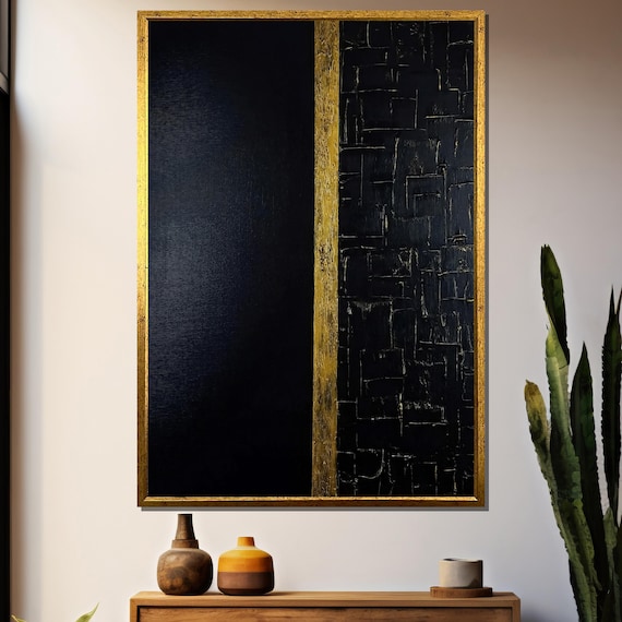 Black And Gold Textured Painting Minimalist Abstract Wall Art For Luxury Home Decor And Gift Idea