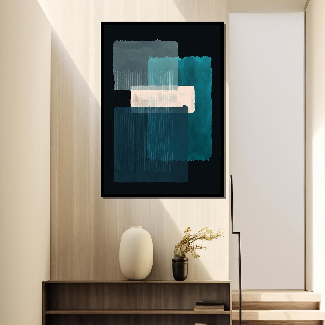 Teal Turquoise And White Blocks Geometric Abstract Painting Poster - Image 4