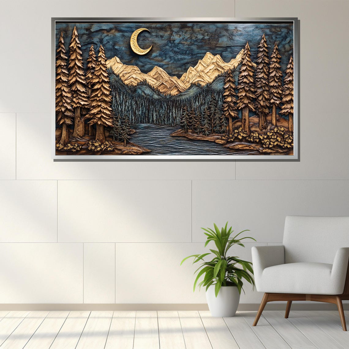 Moonlit Forest Wood Carving Rustic Nighttime Mountain Art Gift For Nature Enthusiasts - Image 3