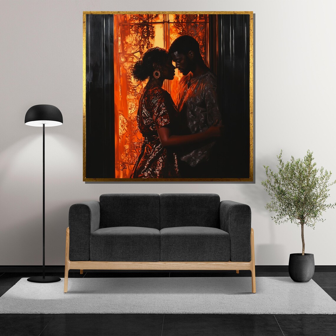 Couple Embrace in Doorway Against Fiery Orange Sunset Glow Poster - Image 5