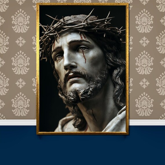 Jesus Wearing Crown of Thorns Dramatic Dark Devotional Poster