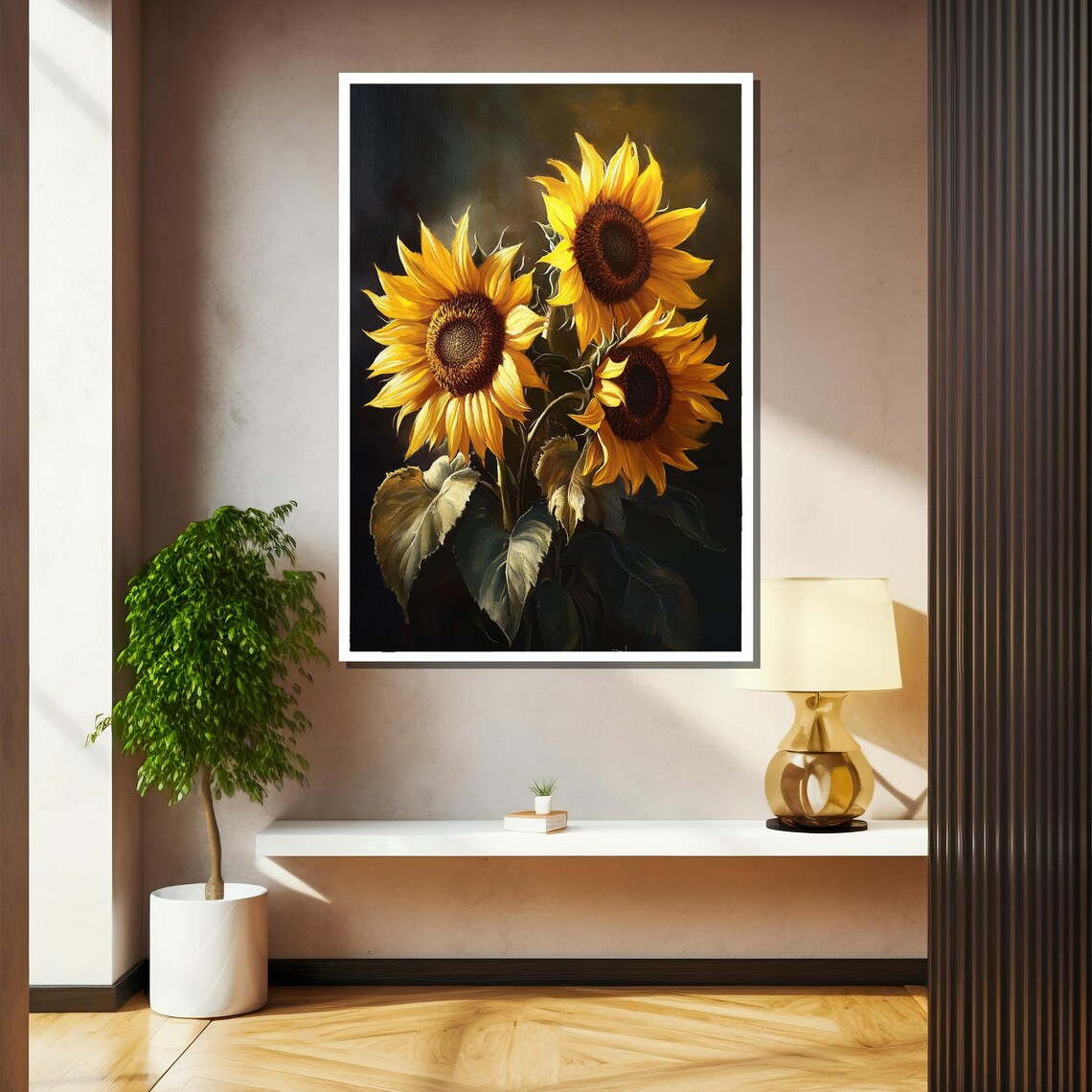 Classic Still Life Of Three Sunflowers On Dark Backdrop Poster - Image 2