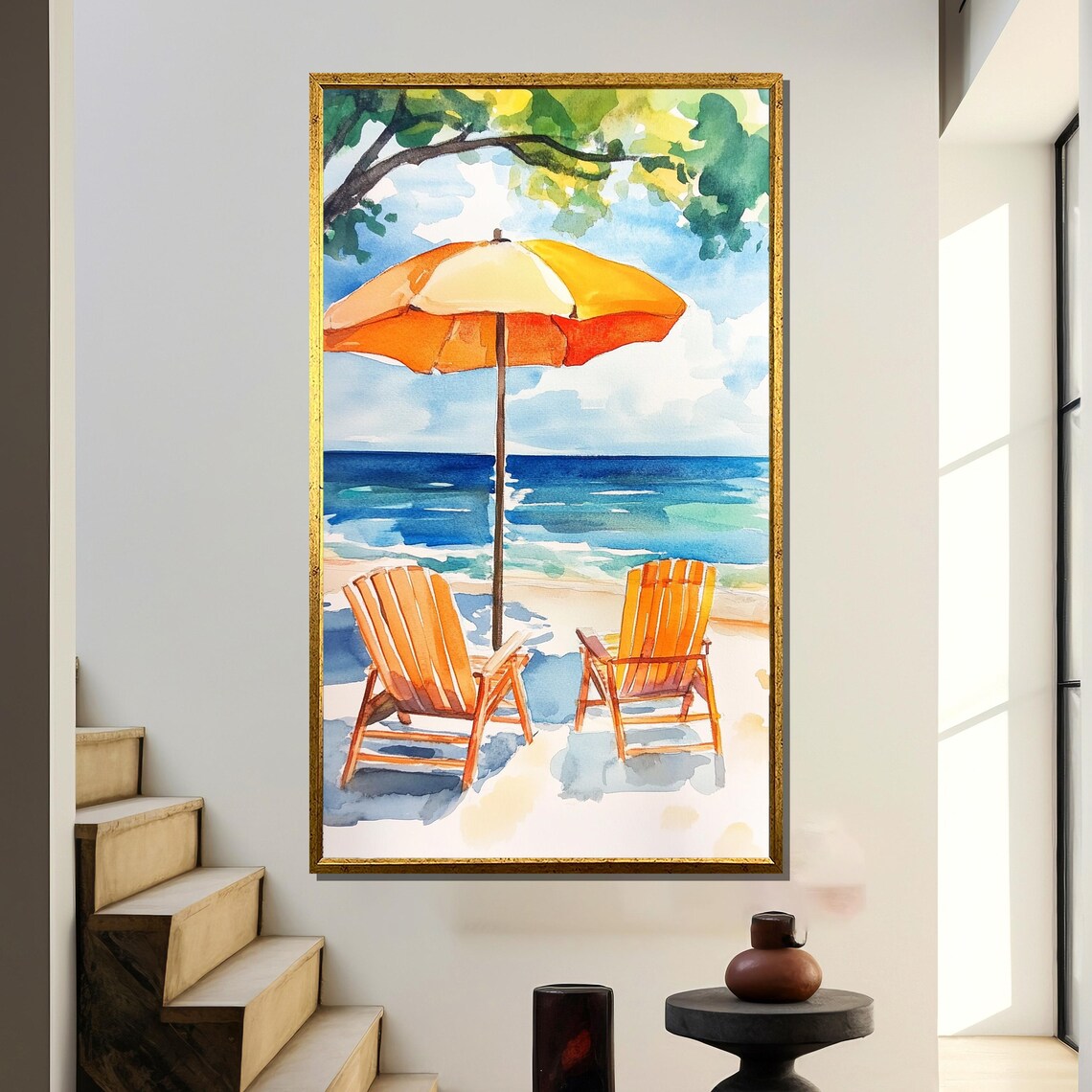 Sunny Watercolor Beach Scene with Chairs and Orange Umbrella Poster