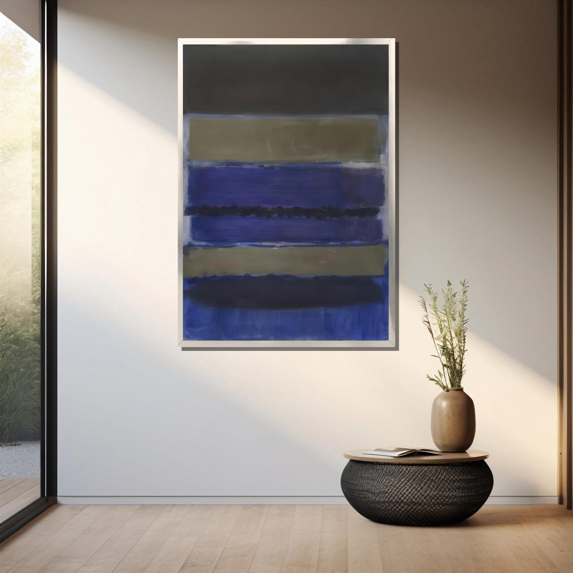 Layered Deep Blue And Olive Green Stripes Abstract Art Poster - Image 3