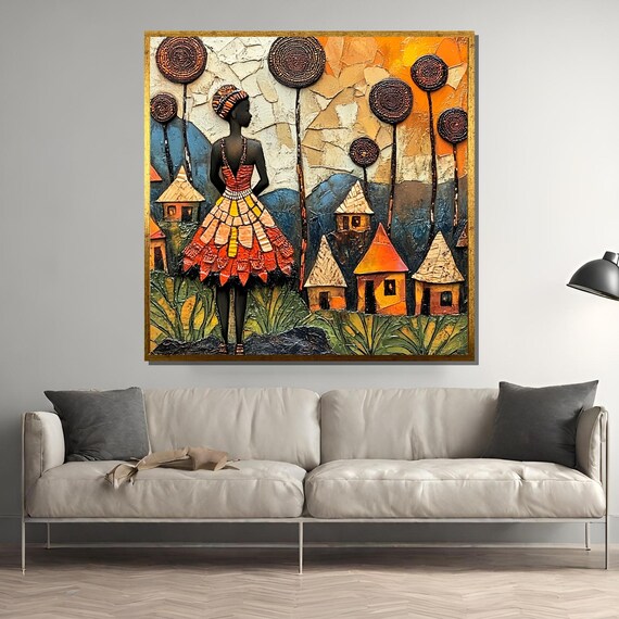 Abstract African Woman In Vibrant Traditional Dress Painting Tribal Village Scene Unique Ethnic Art Gift