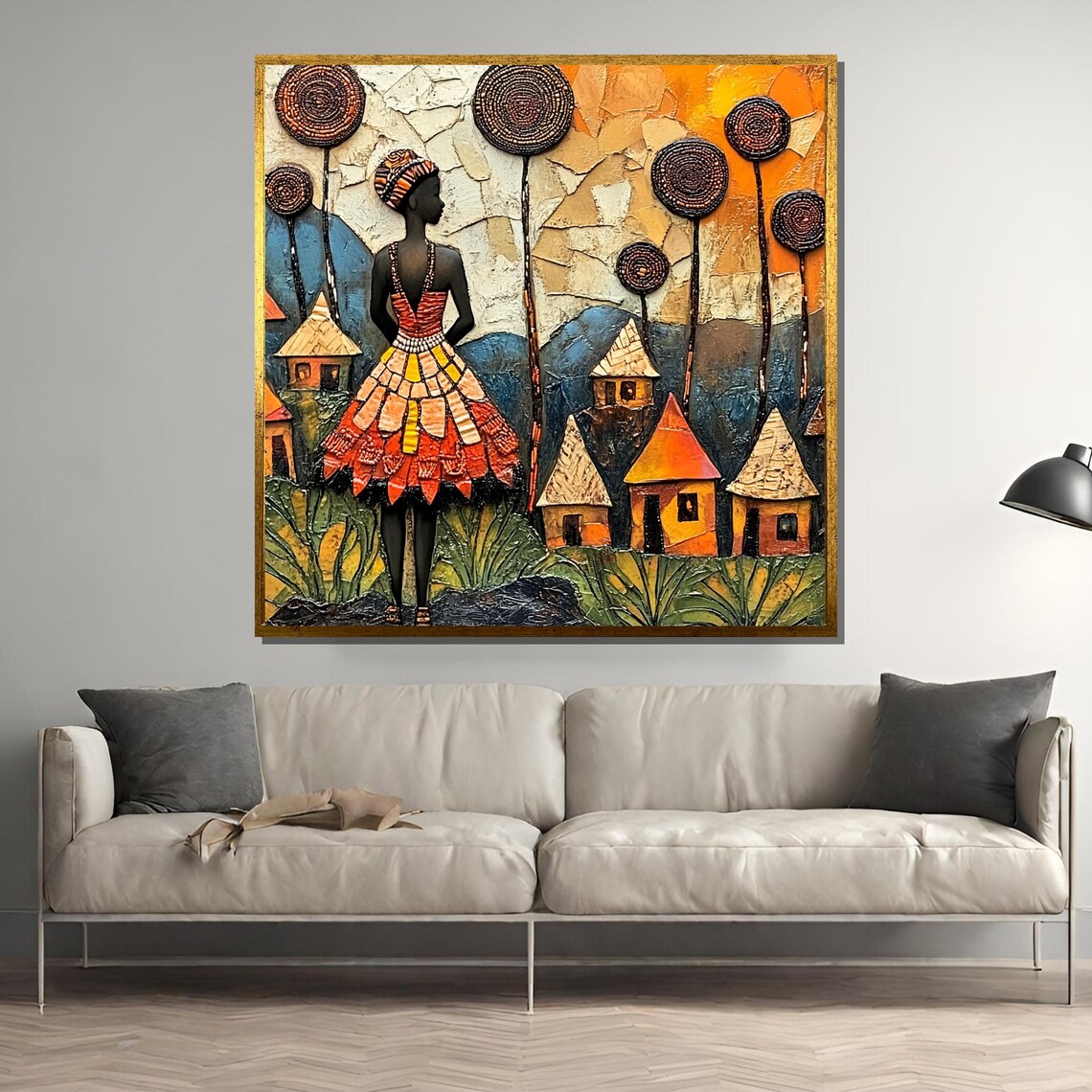 African Woman in Vibrant Mosaic Dress Overlooking Village Poster