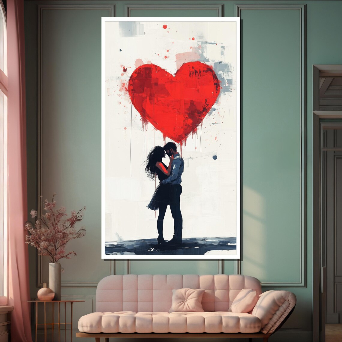 Romantic Couple Under Giant Dripping Red Heart Abstract Love Poster - Image 2