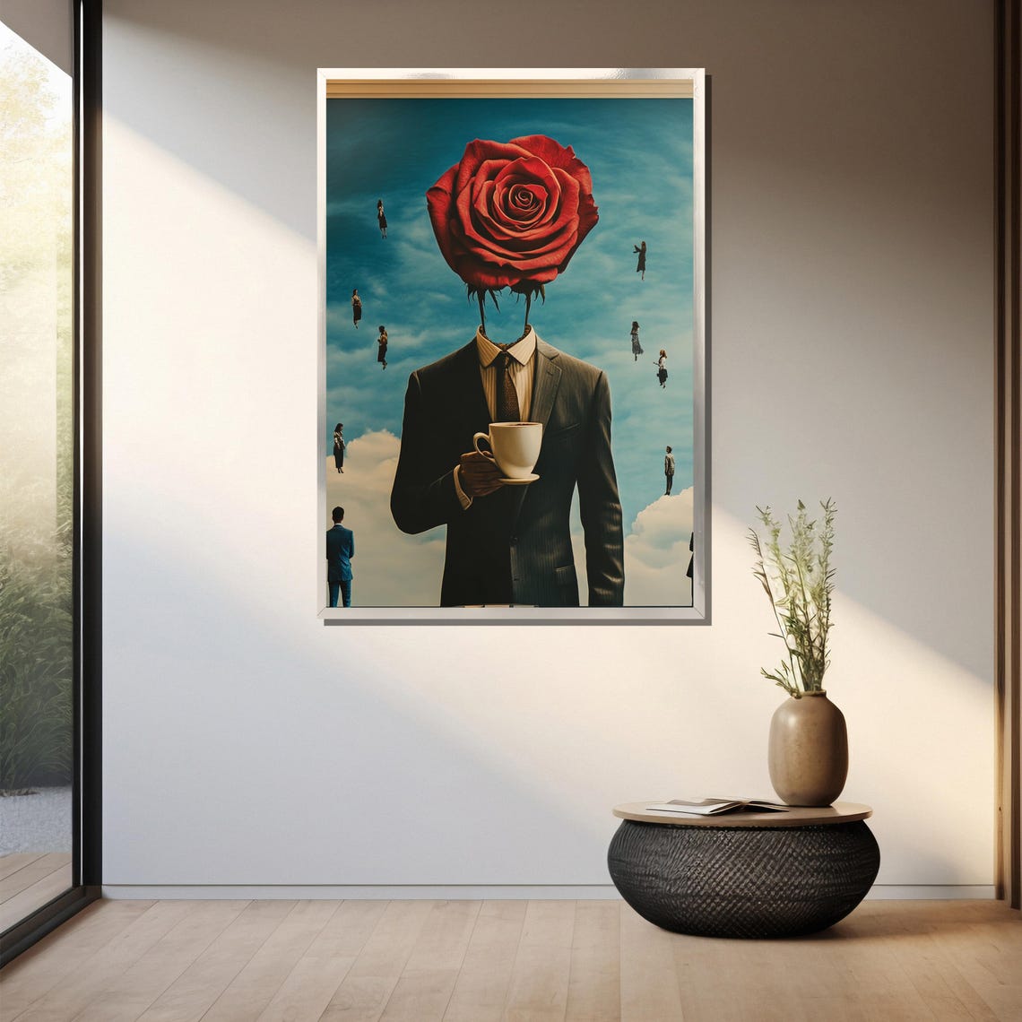 Surreal Rose Headed Businessman Holding a Coffee Cup Art Poster - Image 3