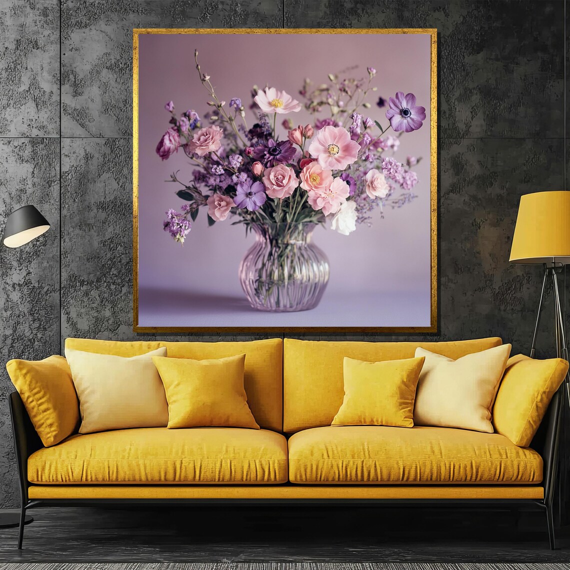 Purple and Pink Wildflower Bouquet in Clear Glass Vase Art Poster