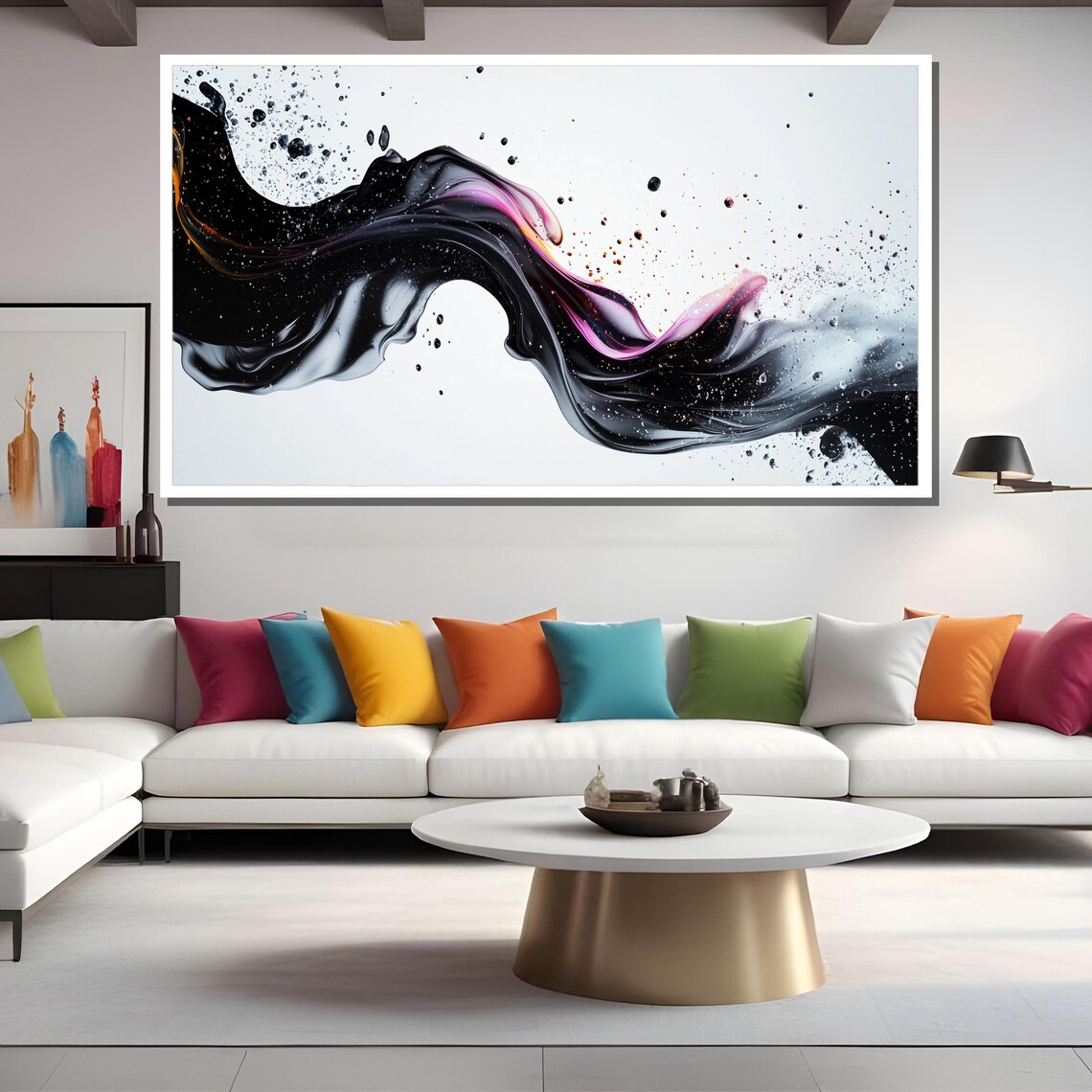 Dynamic Abstract Fluid Art On Black Pink And Orange Splashes On Minimalist White Background - Image 2
