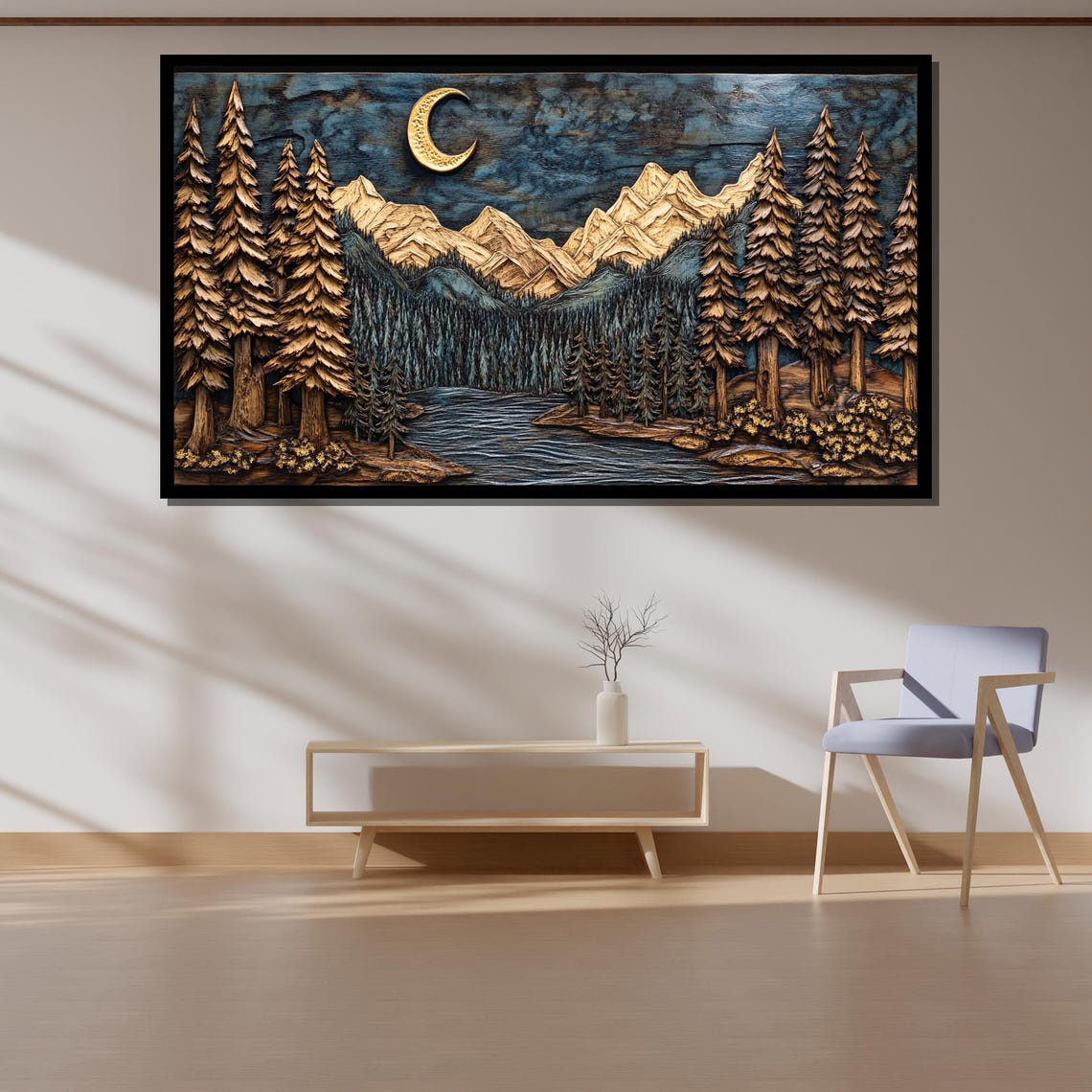 Moonlit Forest Golden Crescent Moon Lake Wood Carving Poster - Image 4