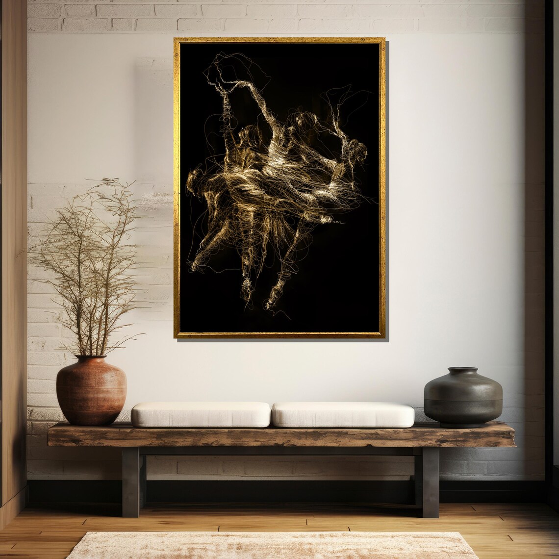 Abstract Golden Scribble Line Drawing Of Dancers On Black Poster - Image 5