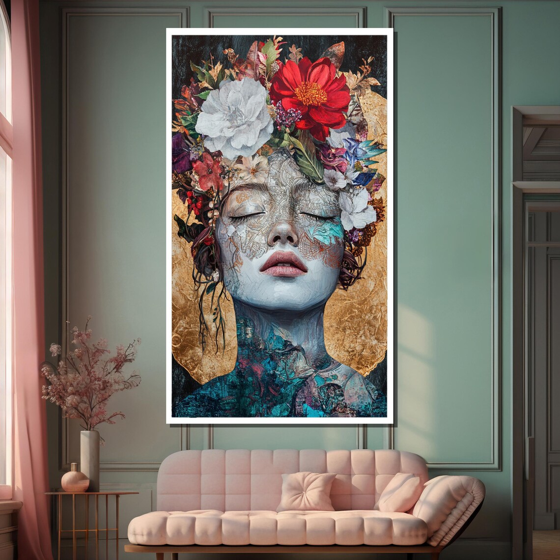 Floral Goddess Serene Portrait Gold Leaf Flower Crown Poster - Image 2
