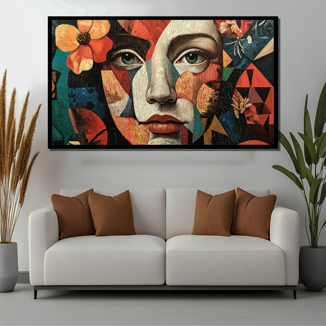 Cubist Abstract Portrait Painting Geometric Face Art Vibrant Mixed Media Wall Decor Modern Picasso Print - Image 4
