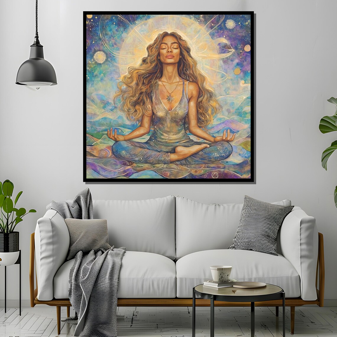 Serene Long Haired Goddess Meditating Under Celestial Halo Poster - Image 4