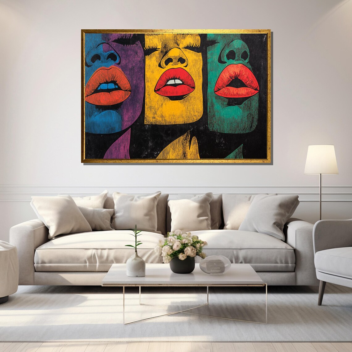 Pop Art Trio Of Faces With Bold Red Lips In Bright Colors Poster - Image 5