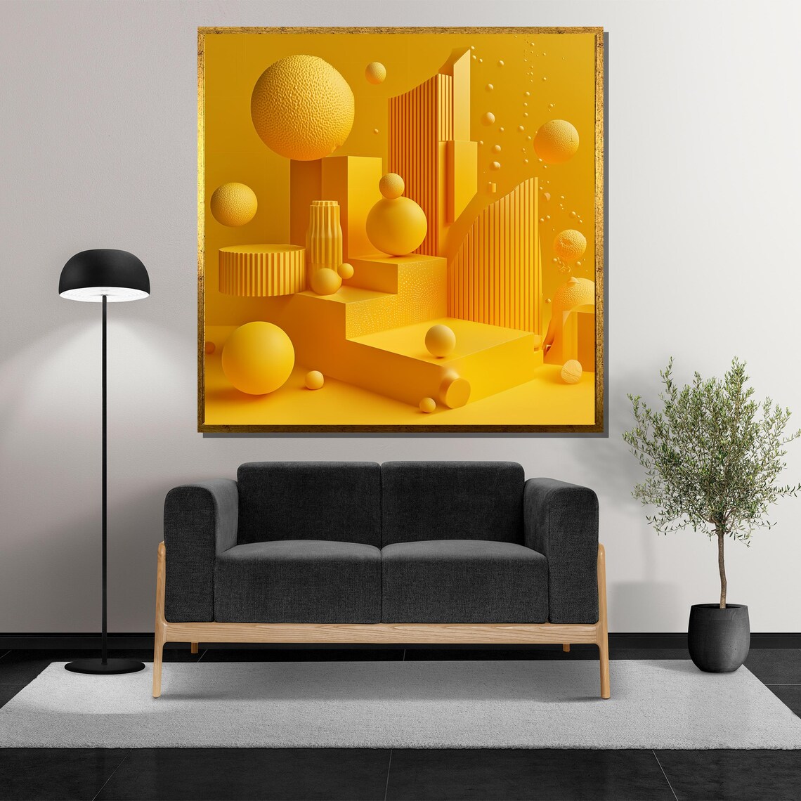 Monochrome Yellow 3D Geometric Cityscape Spheres Towers Poster - Image 5